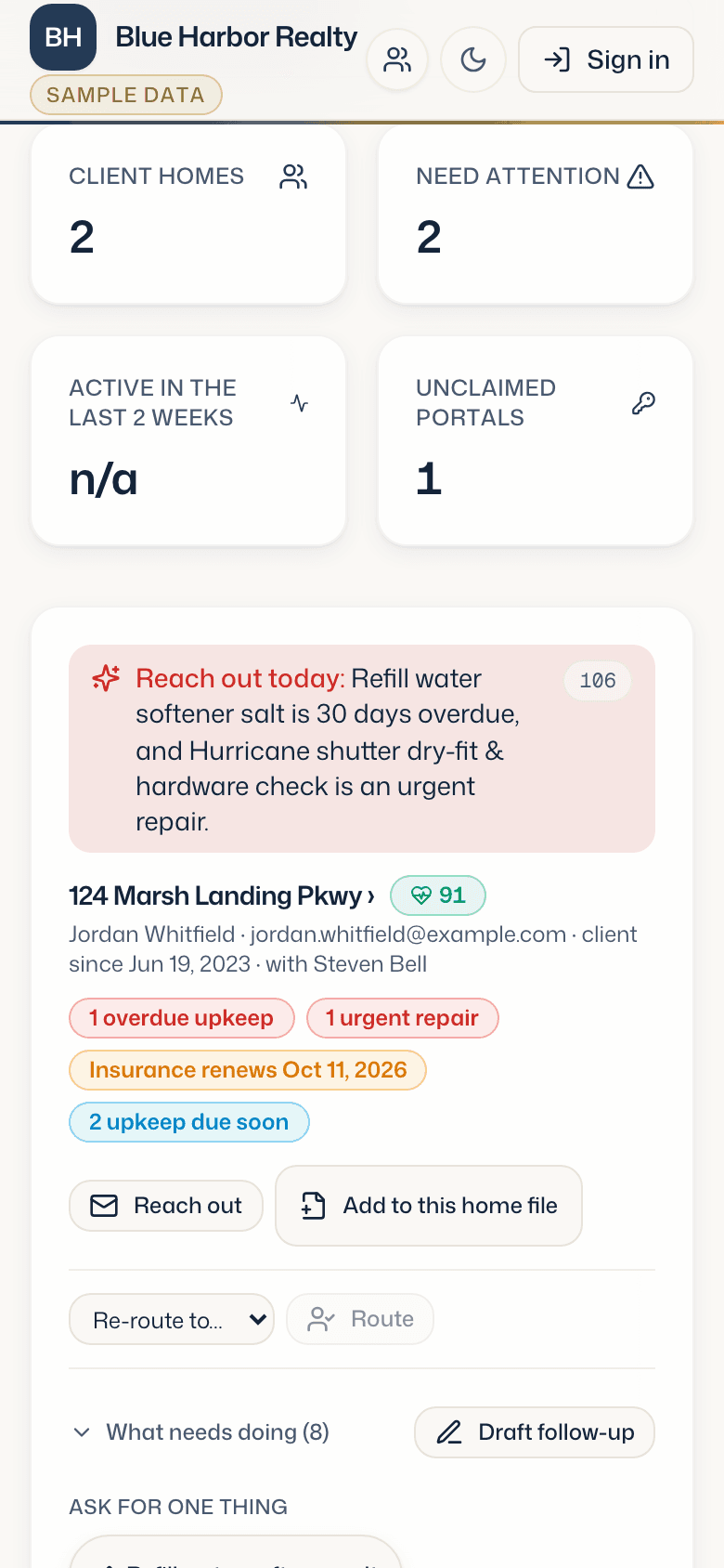 A seventeen-second recording of the demo: the client concierge ranking every home by who needs a call, one client's home file scrolled to its documents, and back. Sample data.