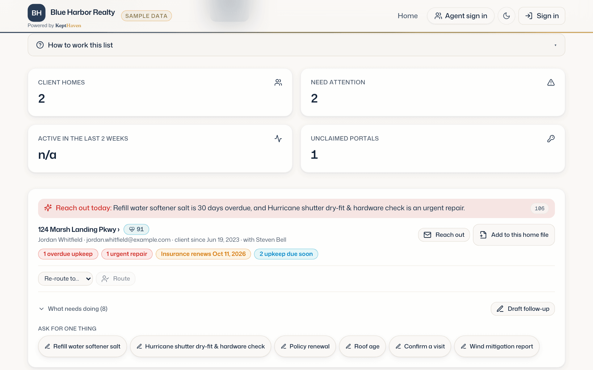 A seventeen-second recording of the demo: the client concierge ranking every home by who needs a call, one client's home file scrolled to its documents, and back. Sample data.