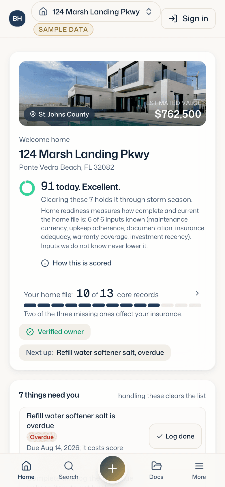 A seventeen-second recording of the demo: the homeowner dashboard for 124 Marsh Landing Pkwy with its score and the seven things that need attention, the home file, and the records drawer opened to its documents. Sample data.