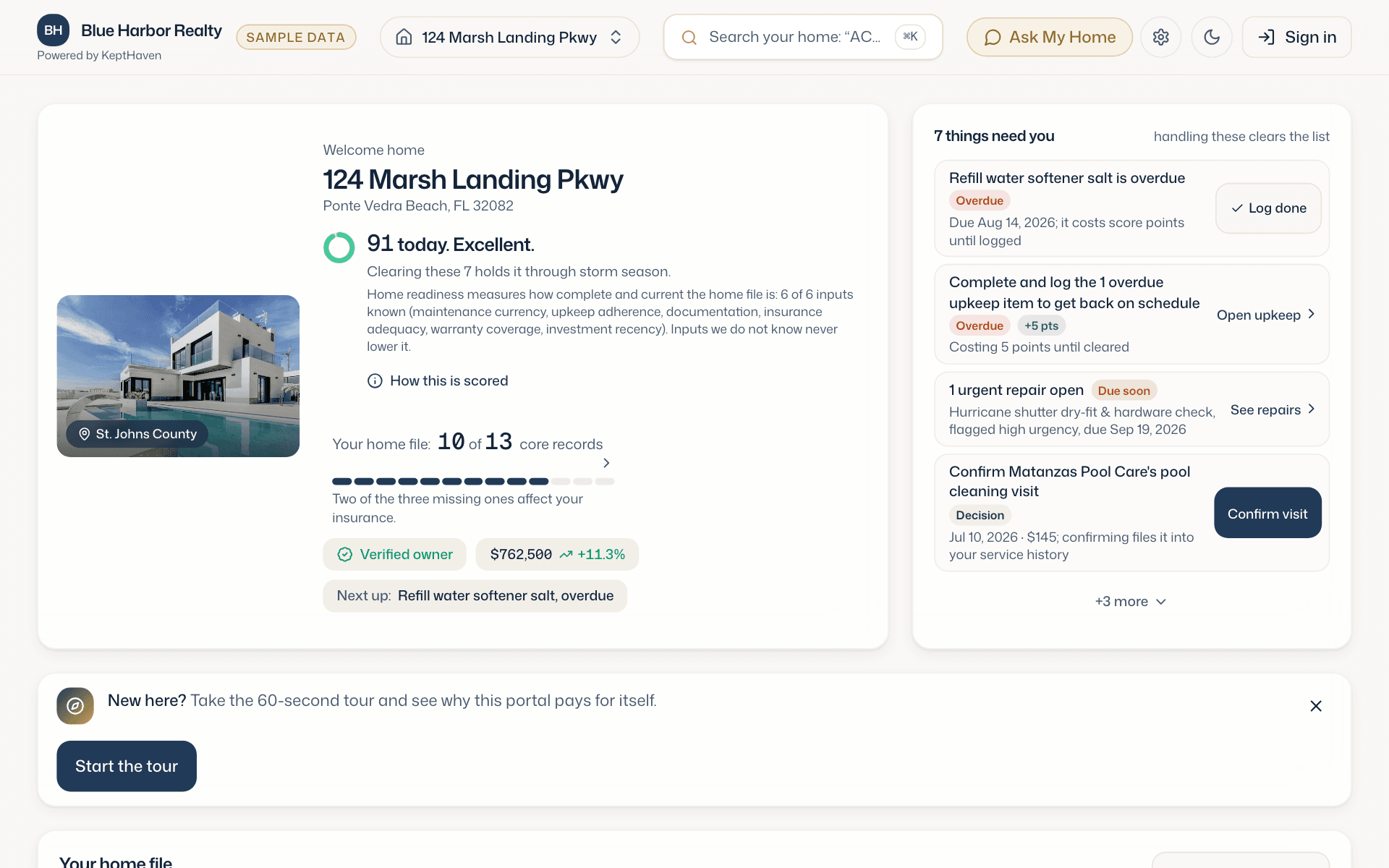 A seventeen-second recording of the demo: the homeowner dashboard for 124 Marsh Landing Pkwy with its score and the seven things that need attention, the home file, and the records drawer opened to its documents. Sample data.